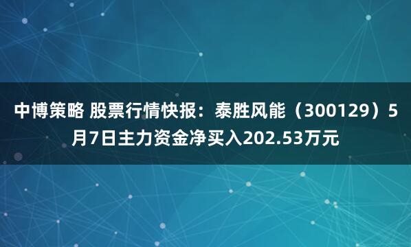 中博策略 股票行情快报：泰胜风能（300129）5月7日主力资金净买入202.53万元